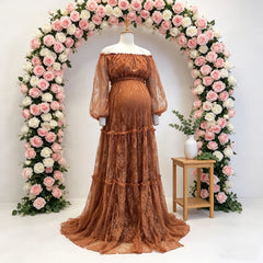 Hnewly Maternity Gown For Photo Shoot V-neck And Off Shoulder Lace Dress Two-piece Set Boho Pregnant Dress Photography Dress For Women
