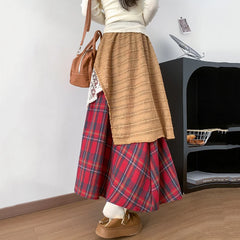 Hnewly Design Irregular Lace Patchwork Plaid Skirts Women Fashion High Waist Pleated Long Skirt Woman Chic Umbrella Skirt Female