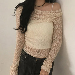 Hnewly Transparent Lace Crop Top Asymmetrical Off-shoulder Long Sleeve Smock T-shirts Women Summer Casual Tees y2k Vintage Tees
