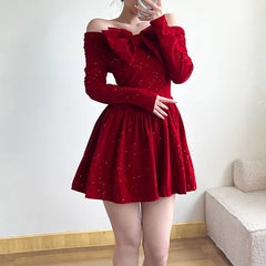 Hnewly NEW YEAR DRESS Holiday Christmas Bow Velvet A-Line Red Dress Slim Slash Neck Long Sleeve Mini Dresses For Women Autumn Winter Lady