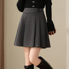 Hnewly Preppy Style Pleated Wool Skirt Women Elegant Grey Sweet Mini Skirts Vintage Solid A-line Casual Autumn Short Skirts