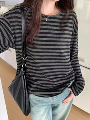 Hnewly Autumn Women Harajuku Striped T Shirt Long Sleeve O-Neck Casual Oversize Top Femme Streetwear Black Grey Loose Street Tops Y2K