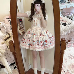 Hnewly Japanese Kawaii Lolita JSK Dress Women Cute Cartoon Bear Print Bow Strap Mini Dress Girls Sweet Tea Party Princess Dresses