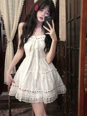 Hnewly 2000s Vintage Elegant Mini Dress Women Sweet Lace Hollow Out Sleeveless Dress Summer Birthday Party Strap Dress French