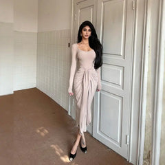 Hnewly Women Dress French Simple Light Luxury High-end Square Neckline Long Sleeve Strap Design Hip-covering Long Dress Slight Strech