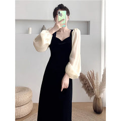Hnewly Velvet Long Sleeve Dress Women's High Waist Slim Fit Bubble Sleeve Vintage Style Square Collar Midi Dress Sweet Style