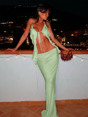 Hnewly Mesh See Through Shirring 2 Piece Set Women Irregular Ruffles Backless Tops+Long Skirts Vacation Beach Style Outfits