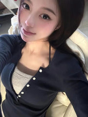 Hnewly FALL OUTFITS Japanese Hrajuku Crop Tops Y2k Aesthetics Long Sleeve Patchwork T-shirt Grunge Slim TShirt Kawaii Fairycore 2000s Clothes E-girl