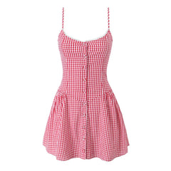 Lunivop Sexy Gingham Plaid Spliced Lace O neck Mini Sling Dress Women Open Through Buttons Low Waist Swing A line one-piece Dresses
