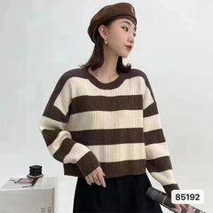 Hnewly Striped Knit Sweater for Women Long Sleeve Crew Neck Crop Knit Top Pullovers Striped Jumper Teen-girl Fall Winter Vintage Outfit
