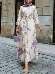 Hnewly An Elegant Long-sleeved Dress For Middle Eastern Ladies With Random Floral Prints And Lantern Sleeves