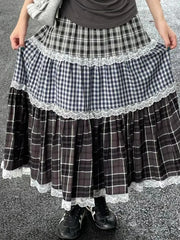 Hnewly Vintage Harajuku Lace Plaid Skirt Women Preppy Style Long Skirts Autumn Winter Streetwear Retro A-line Ruffle Skirts