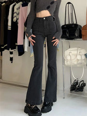 Hnewly Black Gray High-waisted Flared Jeans Women's Retro Straight Elastic Slim Slim Wide-leg Flared Pants Female Trousers
