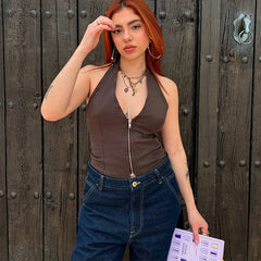 Hnewly Sexy Women's Backless Halter Vest Street Slim Stripe Zipper Sleeveless Female Tanks Spring Summer Lady Vacation Y2k Tops