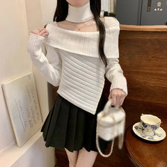 Hnewly Sweater y2k Clothes Women Coquette Off Shoulder Long Sleeve Irregular Hem Knitted Halter Tops 2000s Clothing Streetwear