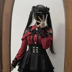 Hnewly Japanese Black Short Skirt Set Gothic Ruffle Mini Skirts Sexy Lace Off Shoulder Lolita Shirt Gown Faldas Y2k Aesthetic Suit