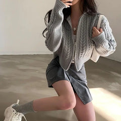 Hnewly Gray Cardigans Women Vintage Twist Crop Sweaters Autumn Zip-up Knitwear Outerwear Tender Korean Fashion Ladies Casual Streetwear