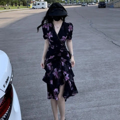 Hnewly French High-waisted Floral Summer New Irregular Puff Sleeve Printed Dress the dress black dress white dress