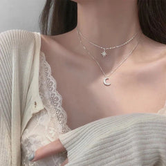 Hnewly Simple Double Layer Star Moon Charm Multilayered Necklace Delicate Clavicle Chain Zircon For Women Fashion Jewelry