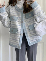 Hnewly Fall Women Sweet Tweed Jacket Vintage Casual Long Sleeve Elegant Coat French Cute O Neck Women Fall Winter Retro Tops New