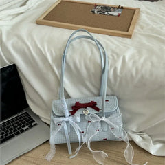 Hnewly Japanese Y2K Bow Underarm Bag Womens Soft Leather Handle Baguette Ladies Large Capacity Blue Lace Shoulder Bag Handbag