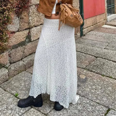 Hnewly Vintage Sheer Lace Maternity Skirts for Women Low Elastic Waist Loose Fit Long Skirt Casual Pregnancy Skirts Fashion Streetwear