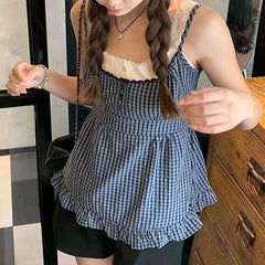 Hnewly Cute Coquette Plaid Print Crop Top Y2k Sweet Lace Patchwork Fake Two-piece Strap Tops Vintage 2000s Women Tees Aesthetic