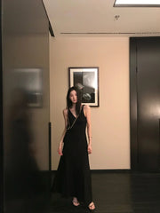 Hnewly Summer Retro French Fashion Even Party Black Midi Dresses Casual V-Neck Y2k Sexy Strap Dresses Korean Fashion Clothing