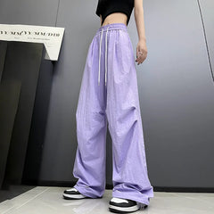 Hnewly Streetwear Solid Color Pleated Cargo Pants Women Drawstring High Waist Pants Woman Casual Loose Pockets Sports Trousers Female