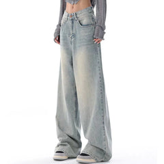 Hnewly Women Korean Style Jeans High Waist Washed Wide Leg Pants Fashion High Street Loose Retro Blue Light Blue Denim Trousers