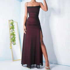 Hnewly Dark Red Spaghetti Straps Tulle Mermaid Prom Gown Sexy High Side Slit Cocktail Party Floor Length Evening Dress