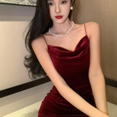 Hnewly Vintage Sexy Club Prom Red Dresses for Women Spaghetti Strap Slit Velvet Dress Beach Bandage Bodycon Midi Dress Party Elegant