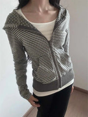 Hnewly American Streetwear Striped Hooded Sweatshirt Autumn New Slim Fit Short Cardigan Fashion Casual Long Sleeve Coat Women