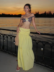 Hnewly Flower 2 Piece Set Women Sexy Backless Leopard Print Slash Neck Tops+Pleated Long Skirts Matching Clubwear Outfits