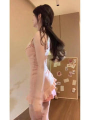 Hnewly Vintage Sweet Kawaii 2 Piece Sets Dresses Women Retro Lace Neckline Irregular Slip Dress Evening Party Japanese Suits