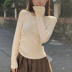 Hnewly y2k Aesthetic Tops Women Clothes Solid Color Metal Chain Decor Round Neck Long Sleeve Knitted T Shirts 2000s Streetwear