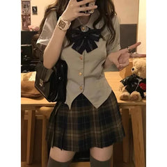 Hnewly Summer Japanese Fashion Lapel Bow Short Top Plaid Pleated Skirt Jk Suit 2pcs Women Korean Girls School Uniform Plus Size XL