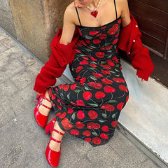 Hnewly Spaghetti Strap Elegant Summer Long Dress Cherry Printed Fashion Folds Beach Holidays Sundress Sexy Women's Dresses