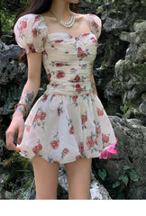 Hnewly Sweet Floral Sexy Strap Dress Women Folds Designer Casual Mini Fairy Dress Female 2024 Summer Puff Sleeve Korean Princess Dress
