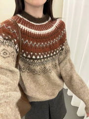Hnewly Streetwear Vintage Jacquard Pullovers Harajuku Women Knitted Patchwork Casual Sweaters Y2k Aesthetic Loose Grunge Jumpers