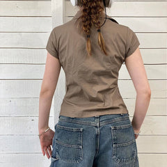 Hnewly Women Khaki Safari Shirts with Pocket Casual Short Sleeve Work Tshirt Vintage Street Outfits Button Up Crop Tops