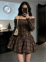 Hnewly Retro Long Sleeve Wrap Neck Dress Women's Sweet Cool Spicy Two-Way Wear Slimming Flower Bud Skirt Mid-Length A-Line Dress