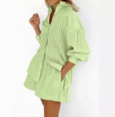 Hnewly Women's Fashion Two Piece Sets Outfit Striped Bubble Sleeve Shirt +Shorts Commuting Design Casual Set