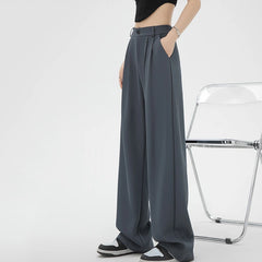Hnewly Spring Autumn High Waist Straight Suit Pants Women Korean Style Loose Wide Leg Trousers Woman Pocket Solid Pants Office Ladies