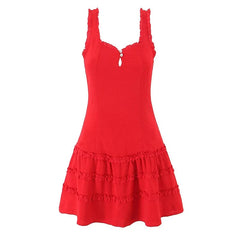 Lunivop French Style Fungus Edge Red Sleeveless Dress Women O Neck A-line Slim Summer Short Dresses Holiday Robe Tank Vestidos