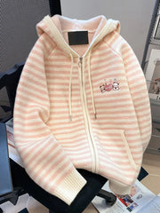 Hnewly Pink Striped Sweet Cardigan Women Cute Cartoon Long Sleeve Knitted Sweaters Vintage Kawaii Preppy Style Japan Pockets Tops Coats