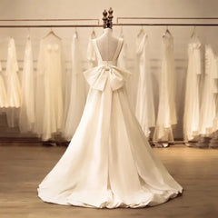 Hnewly Satin Wedding Dress Simple French Suspender Satin Backless Bow Super Fairy Outdoor Veil Welcome Dress For Brides Customized