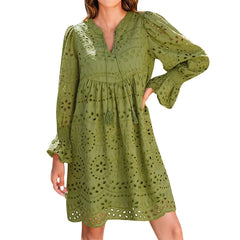 Hnewly Women's Spring And Summer Sexy Hollow Out Lace Long Sleeve V-neck Skirt Solid Color Breathable V-Neck Casual A-line Dresses