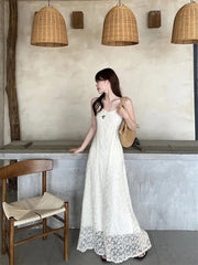 Hnewly Vintage Embroidered Women Camis Dress Korean Chic Spaghetti Straps Midi Dress Y2K Ladies Elegant Beach Party A Line Dress