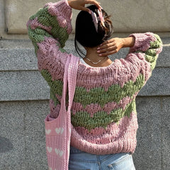 Hnewly Stripe Pattern Cropped Cardigans Vintage Lantern Sleeves Knitted Sweater Aesthetic Y2k Knitwear Coat Women Autumn Outwear Street